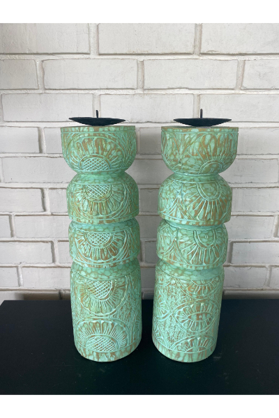 Rustic Carved Candle Stand - Tall Pillar (Mint Green)
