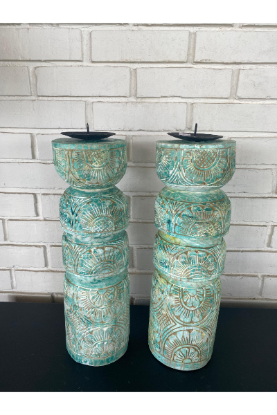 Rustic Carved Candle Stand - Tall Pillar (Teal)