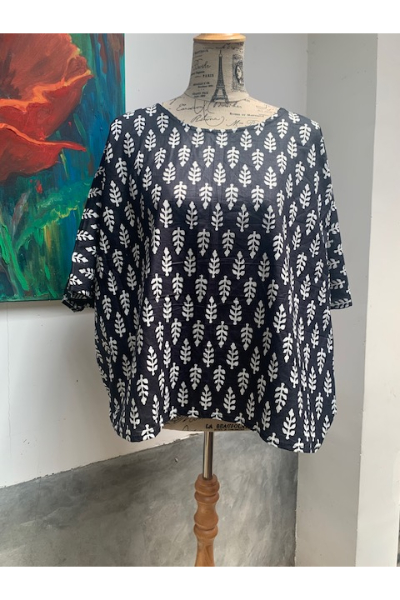 Cotton Blouse (E77) - Charcoal Leaf Print