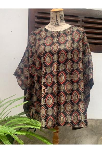 Cotton Blouse (E85) - Black leaf with gold  emboss