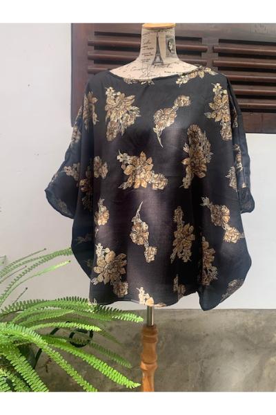 Cotton Blouse (E83)  - Black Flowers with Gold