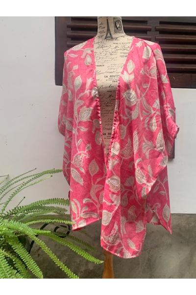 Cotton Blouse (E88) - Pink kimono with leaves