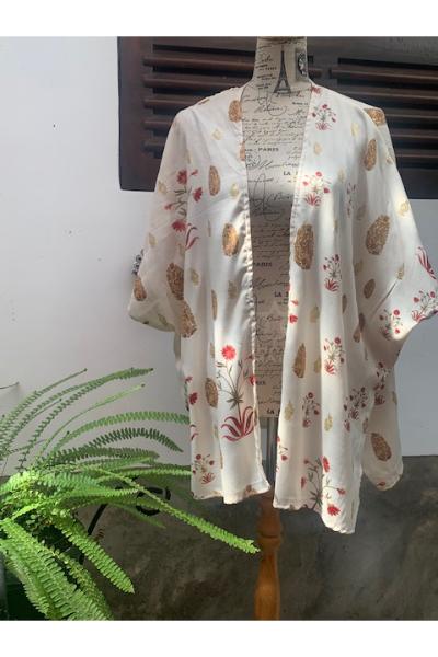 Cotton Blouse (E86) - White kimono with  leaves